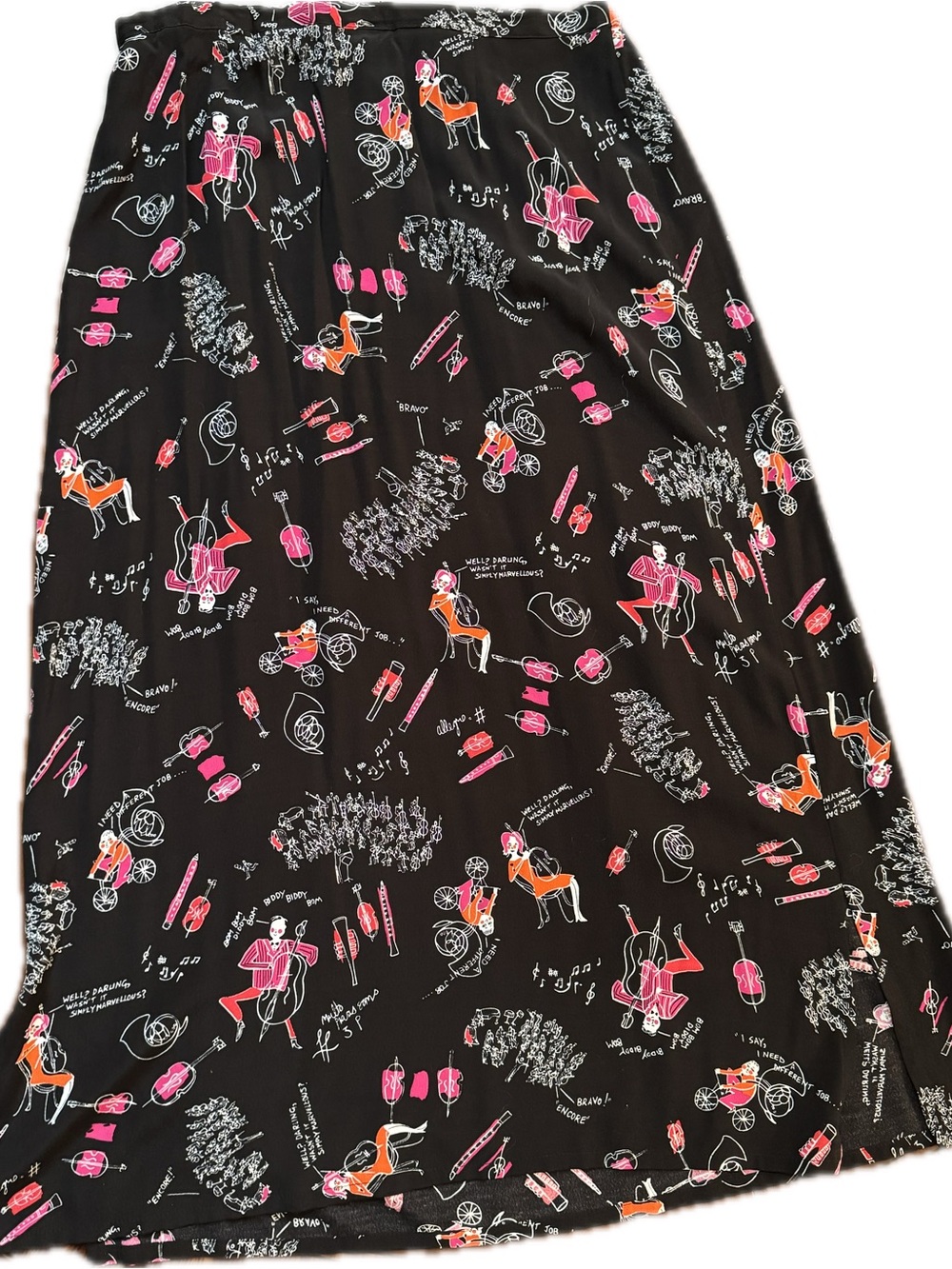 Black Maxi Skirt with Pink & Orange Musical Illustration Print